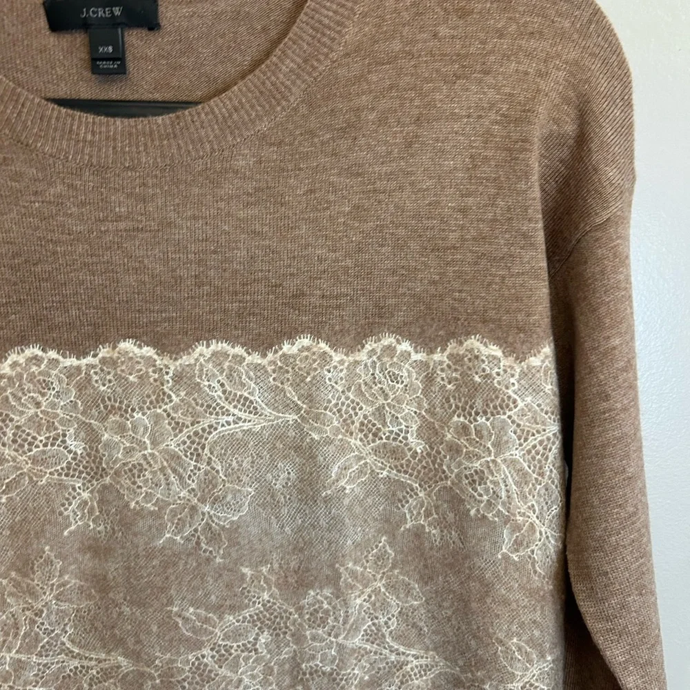 NWOT J. CREW Needle Punch Lace Wool Blend Crewneck Sweater brown cream size XXS